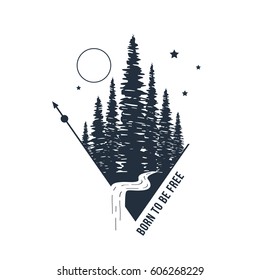 Hand drawn inspirational badge with textured forest vector illustration and "Born to be free" lettering.