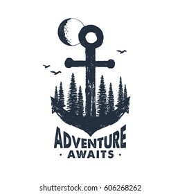 Hand drawn inspirational badge with textured forest on anchor vector illustration and "Adventure awaits" lettering.