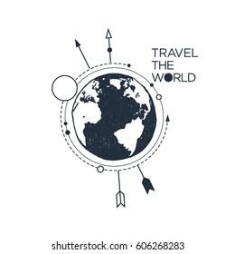 Hand drawn inspirational badge with textured planet Earth vector illustration and "Travel the world" lettering.