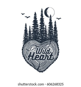 Hand drawn inspirational badge with textured forest vector illustration and "Wild heart" lettering.