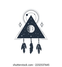 Hand drawn inspirational label with moon and stars in a triangle textured vector illustration and hanging feather decorations. Geometric style.