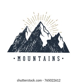 Hand drawn inspirational label with mountains textured vector illustration and "Mountains" lettering.