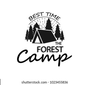 Hand drawn inspirational label with pine trees and tent textured vector illustrations and "I don't need therapy, I just need to go camping" lettering.