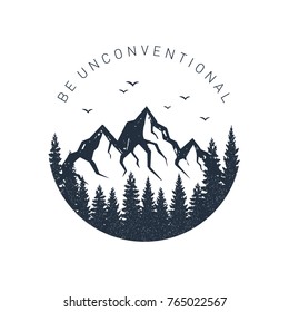 Hand drawn inspirational label with pine trees and mountains textured vector illustrations and 