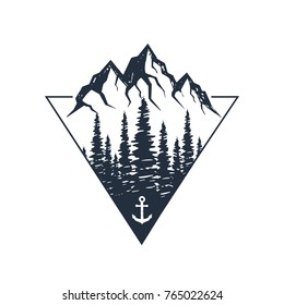 Hand drawn inspirational label with pine trees and mountains textured vector illustrations.