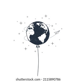 Hand drawn inspirational label with planet Earth textured vector illustration as a balloon with a paper plane flying around it. Geometric style.