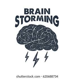 Hand drawn inspirational label with textured brain vector illustration and "Brain storming" lettering.