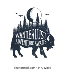 Hand drawn inspirational label with textured buffalo vector illustration and "Wanderlust. Adventure awaits" lettering.