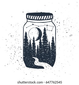 Hand drawn inspirational label with textured forest in a jar vector illustration.