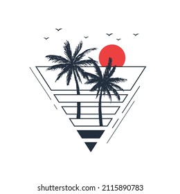 Hand drawn inspirational label with tropical sunset with palms and birds textured vector illustrations in a triangle. Geometrical style.