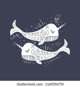 Hand drawn inspirational lettering postcard and poster with narwhals couple. Vector illustration