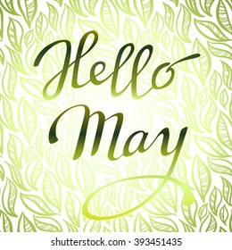Hand drawn inspirational quote - hello May. Pen and ink calligraphy. Brush painted green letters on spring light green yellow abstract leaves pattern background. Calligraphic card. Vector illustration