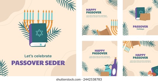 Hand drawn instagram posts collection for jewish passover celebration. Vector illustration