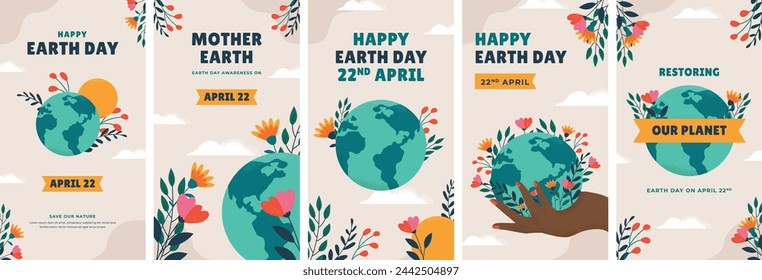 Hand drawn instagram stories collection for Earth day. International Mother Earth Day. Environmental problems and environmental protection. Vector illustration