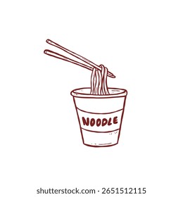 Mão desenhada copo de macarrão instantâneo com chopstick doodle ilustração