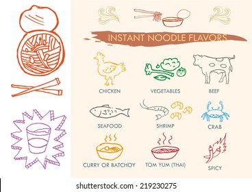 Hand drawn Instant Ramen Noodle Flavors and Concept Doodles vector and jpg.