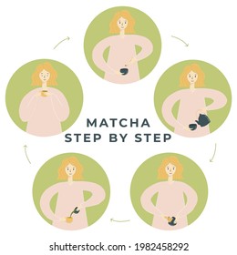 Hand drawn instructions on how to make matcha. Girl making matcha instruction in circles illustration 