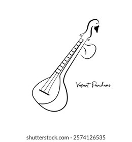 Hand drawn instrument Veena for Happy Vasant Panchami Celebration vector Background.