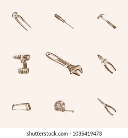 Hand drawn instruments sketches set. Collection of tape measure, pincers, cutter and other sketch elements.