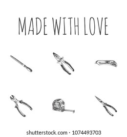 Hand drawn instruments sketches set. Collection of nippers, file, tape measure and other sketch elements.