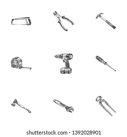 Hand drawn instruments sketches set. Collection of tape measure, axe, nippers and other sketch elements.