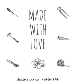 Hand Drawn Instruments Sketches Set. Collection Of Roll Meter, Wrench, Blade And Other Sketch Elements.