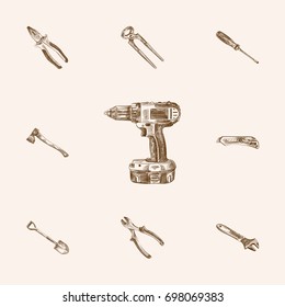 Hand Drawn Instruments Sketches Set. Collection Of Turn-Screw, Digger, Cutting And Other Sketch Elements.