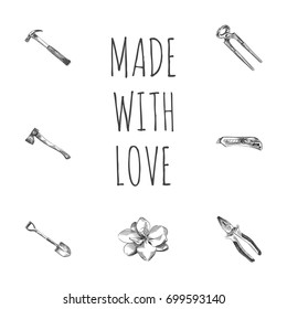 Hand Drawn Instruments Sketches Set. Collection Of Hatchet, Digger, Utility And Other Sketch Elements.