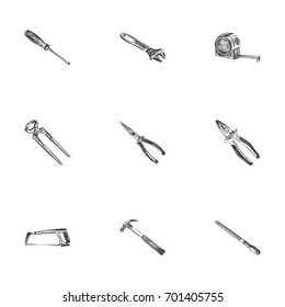 Hand Drawn Instruments Sketches Set. Collection Of Tongs, Nippers, Long Nose Pliers And Other Sketch Elements.