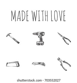 Hand Drawn Instruments Sketches Set. Collection Of Utility, Electric Screwdriver, Long Nose Pliers And Other Sketch Elements.