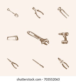 Hand Drawn Instruments Sketches Set. Collection Of Digger, Long Nose Pliers, Handsaw Sketch Elements.