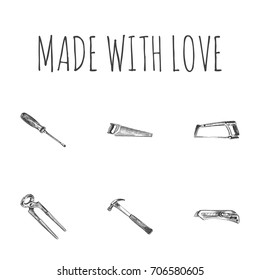 Hand Drawn Instruments Sketches Set. Collection Of Turn-Screw, Tongs, Utility And Other Sketch Elements.
