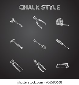 Hand Drawn Instruments Sketches Set. Collection Of Handsaw, Nippers, Roll Meter Sketch Elements.