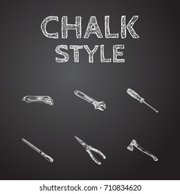 Hand Drawn Instruments Sketches Set. Collection Of Turn-Screw, Long Nose Pliers, Hatchet And Other Sketch Elements.