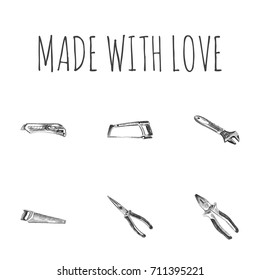 Hand Drawn Instruments Sketches Set. Collection Of Utility, Long Nose Pliers, Nippers And Other Sketch Elements.