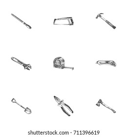 Hand Drawn Instruments Sketches Set. Collection Of Nippers, Utility, Wrench And Other Sketch Elements.