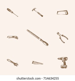 Hand Drawn Instruments Sketches Set. Collection Of Blade, Turn-Screw, Cutting And Other Sketch Elements.