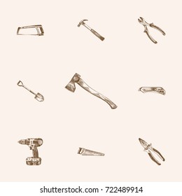 Hand Drawn Instruments Sketches Set. Collection Of Tool, Utility, Cutting And Other Sketch Elements.