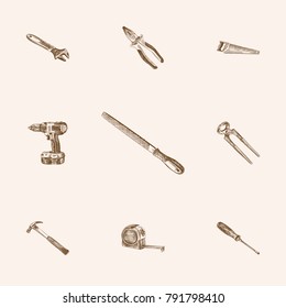 Hand Drawn Instruments Sketches Set. Collection Of Turn-Screw, Blade, Electric Screwdriver And Other Sketch Elements.