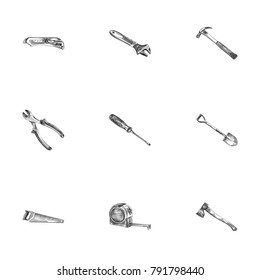 Hand Drawn Instruments Sketches Set. Collection Of Blade, Cutting, Turn-Screw And Other Sketch Elements.