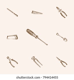 Hand Drawn Instruments Sketches Set. Collection Of Handsaw, Digger, Chisel Sketch Elements.