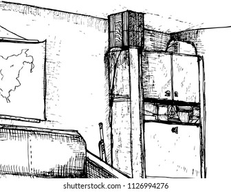 Hand drawn interior of cabinet