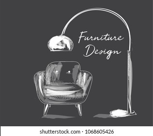 hand drawn interior design illustration. white chalc on blackboard. vector furniture sketch. armchair and lamp in mid century modern style. furniture design logo. 