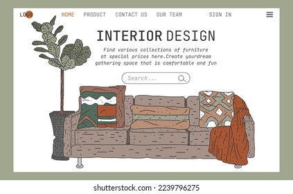 
Hand drawn interior design. Landing page interior design in colored style