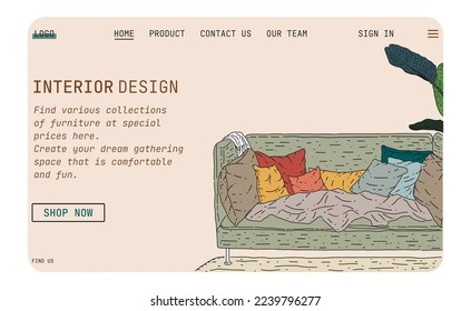 
Hand drawn interior design. Landing page interior design in colored style