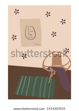 Hand drawn interior design. Room with an abstract poster on the wall, wallpaper in a floral ornament, a rug in ethnic style, wicker chair with plaid. 