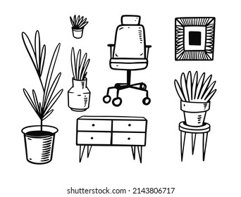 Handgezeichnete Doodle-Dekor Zimmer und Hausausstattung. Schwarzes Farbliniendesign. Vektorgrafik-Elemente.