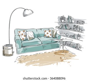 Hand drawn interior element. Comfortable sofa, lamp and bookshelf