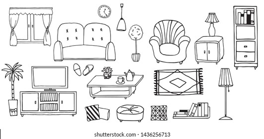 Hand drawn interior furniture, cute illustrations