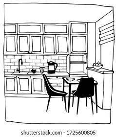 Hand drawn interior of kitchen. A table and chairs by the window.